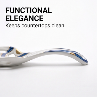 Blue and Gold Ceramic Serving Ladle with Curved Handle