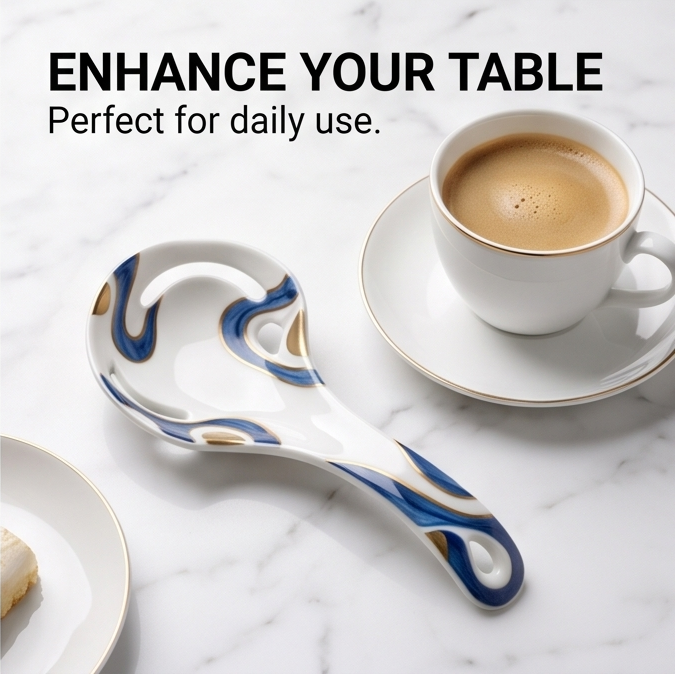 Blue and Gold Ceramic Serving Ladle with Curved Handle