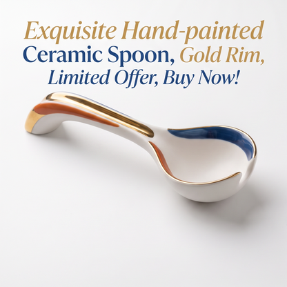 White Ceramic Soup Spoon with Blue, Orange and Gold Accents
