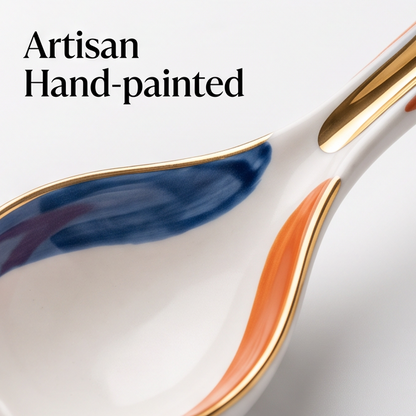 White Ceramic Soup Spoon with Blue, Orange and Gold Accents