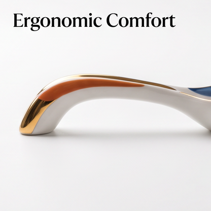 White Ceramic Soup Spoon with Blue, Orange and Gold Accents