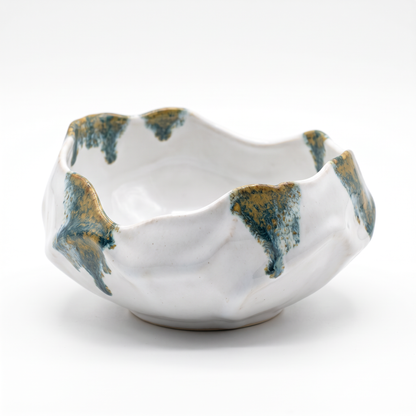 White Wavy-Rim Ceramic Bowl with Blue and Gold Glaze