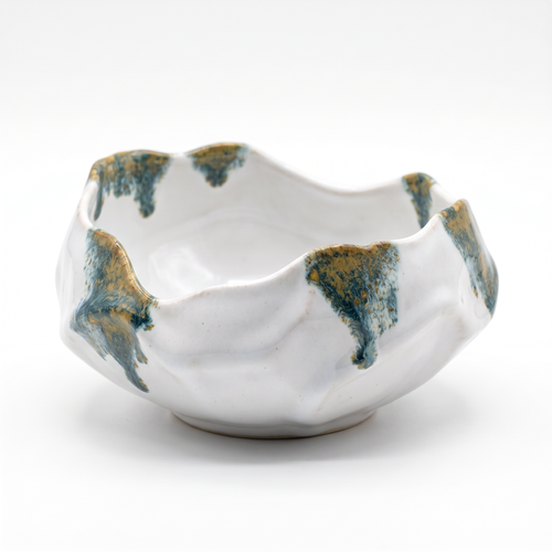 White Wavy-Rim Ceramic Bowl with Blue and Gold Glaze