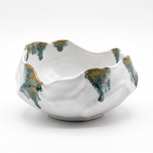 White Wavy-Rim Ceramic Bowl with Blue and Gold Glaze