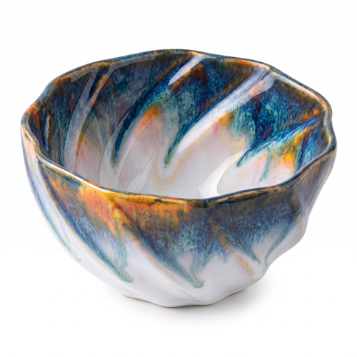 Blue and Amber Wavy-Edge Ceramic Serving Bowl