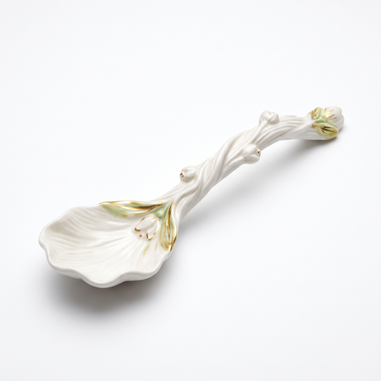 White Tulip Ceramic Dessert Spoon with Gold Accents