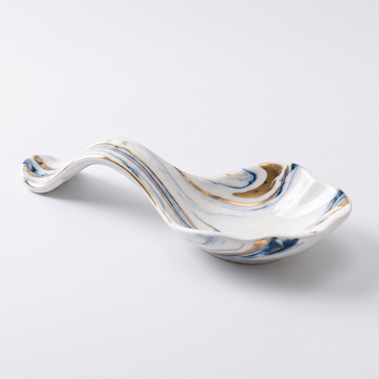 Blue Marble-Pattern Ceramic Spoon Rest with Gold Accents