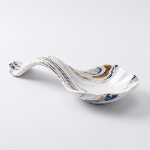 Blue Marble-Pattern Ceramic Spoon Rest with Gold Accents