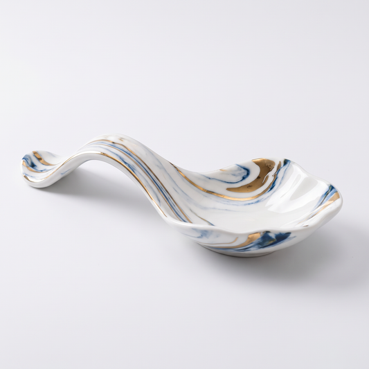 Blue Marble-Pattern Ceramic Spoon Rest with Gold Accents