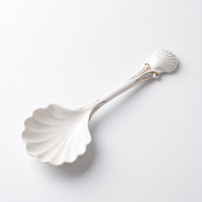 White Shell-Shaped Porcelain Dessert Spoon with Gold Trim