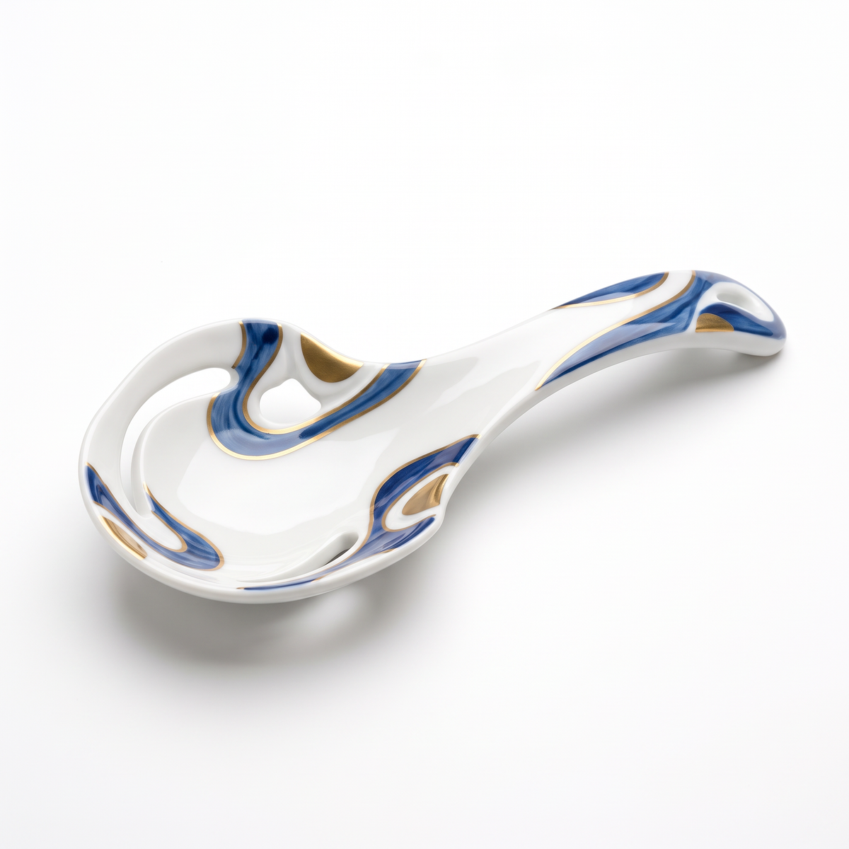 Blue and Gold Ceramic Serving Ladle with Curved Handle
