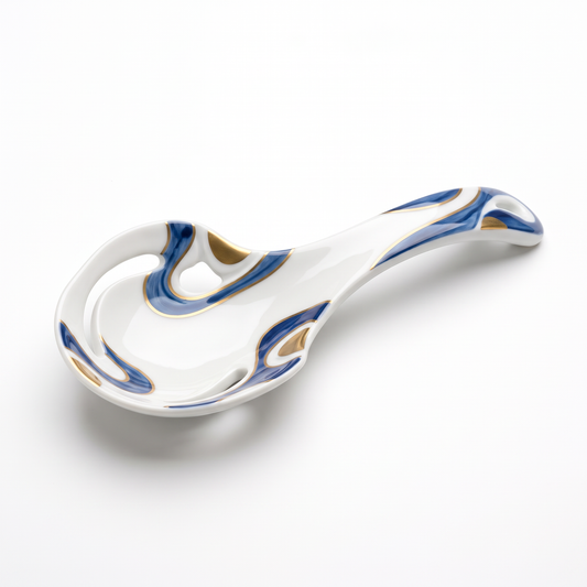 Blue and Gold Ceramic Serving Ladle with Curved Handle